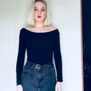 Divided Black Boat Neck Leotard Bodysuit